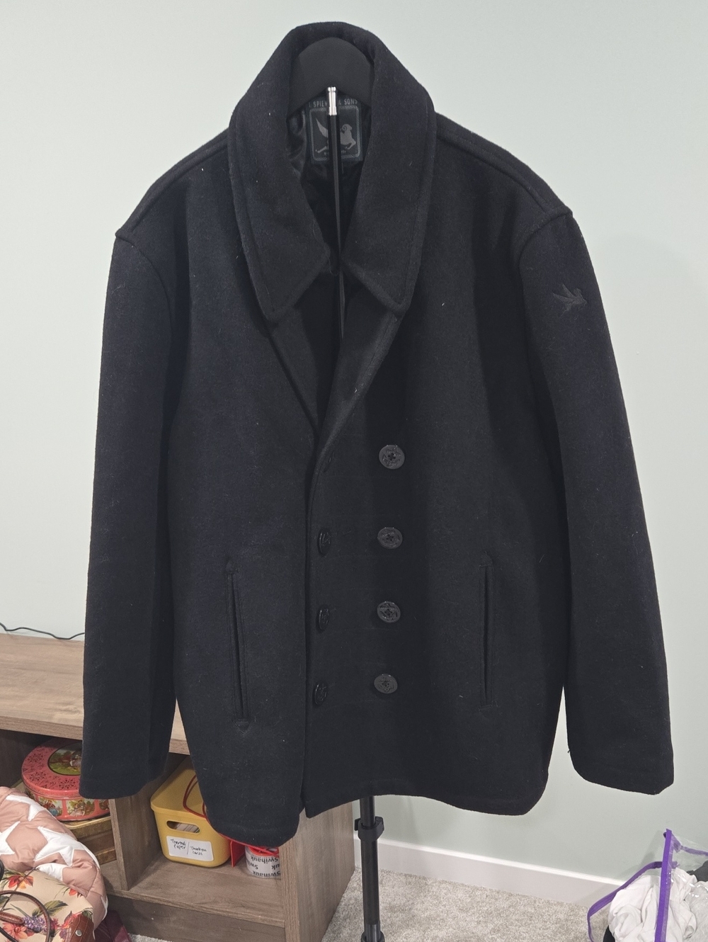 Men's Black Wool Peacoat - Tailored Double-Breasted Jacket